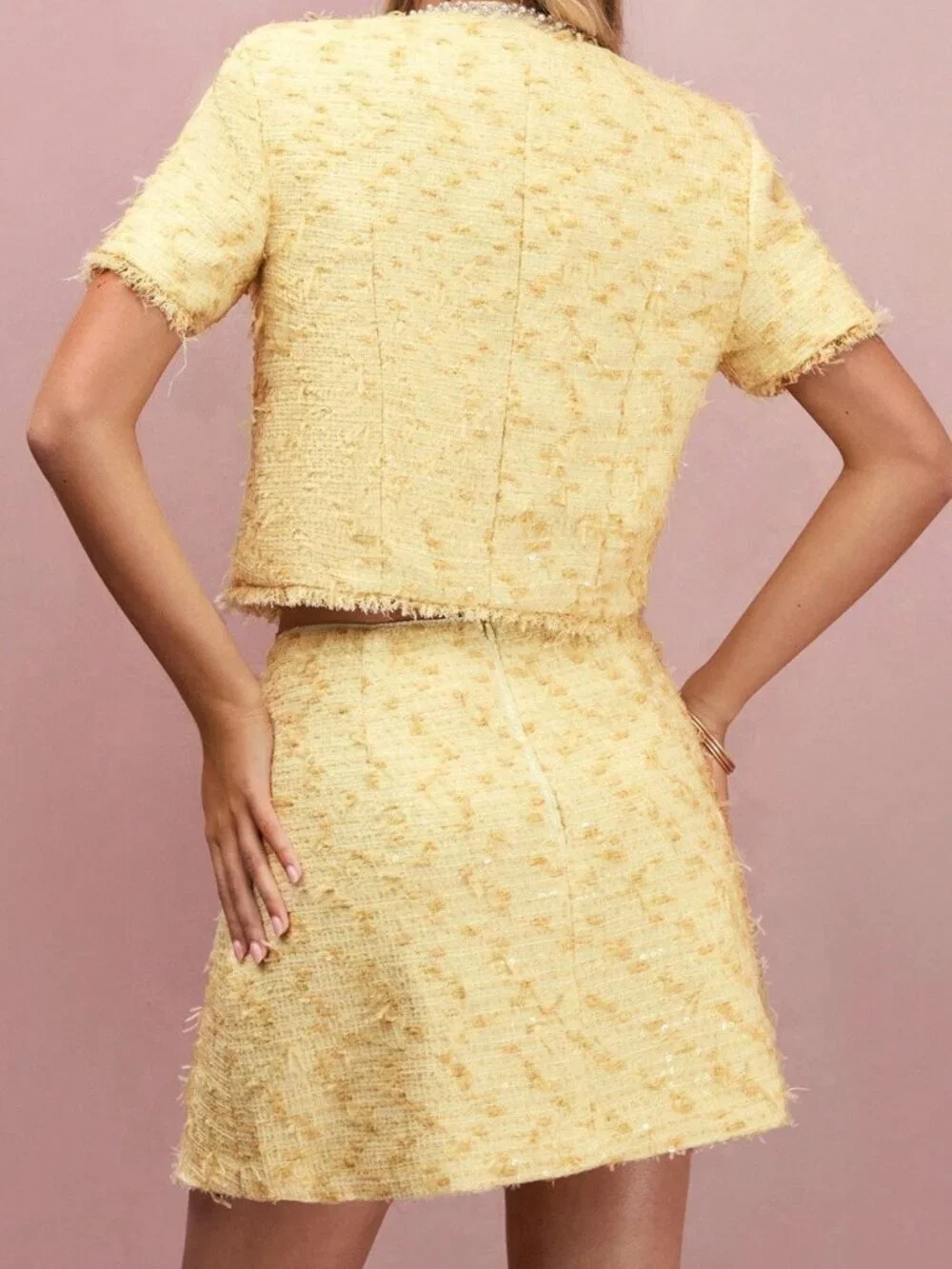 Yellow Casual Women's Tweed Pearl Short Sleeve Jacket